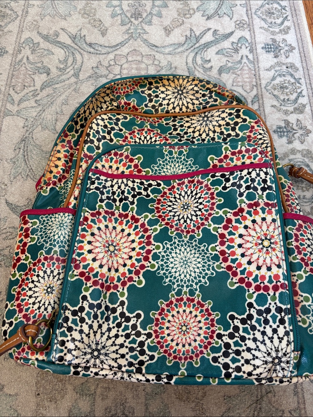 Fossil Coated Canvas Backpack Teal Green pink Adjustable Pockets Zip close